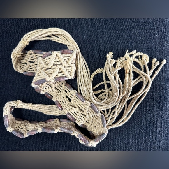 Boho Macrame Rope Belt Weaved Wooded Bead Detail Fringe Hippie 36-38 L/XL Beige - Picture 5 of 11